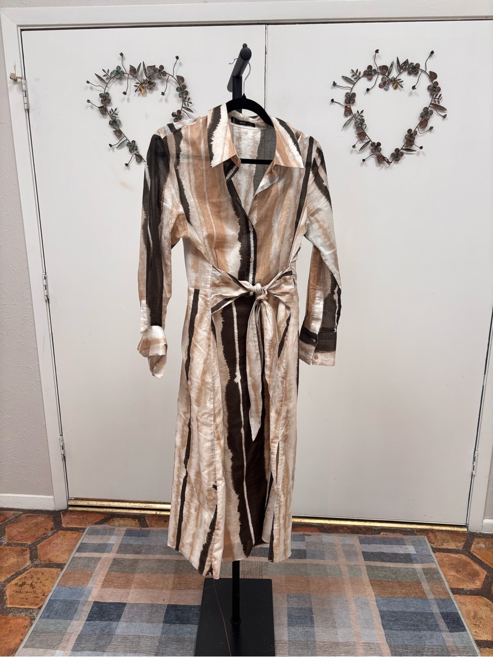 Mango Fall Colors Cotton Shirt Dress with Painterly Print & Tie Waist